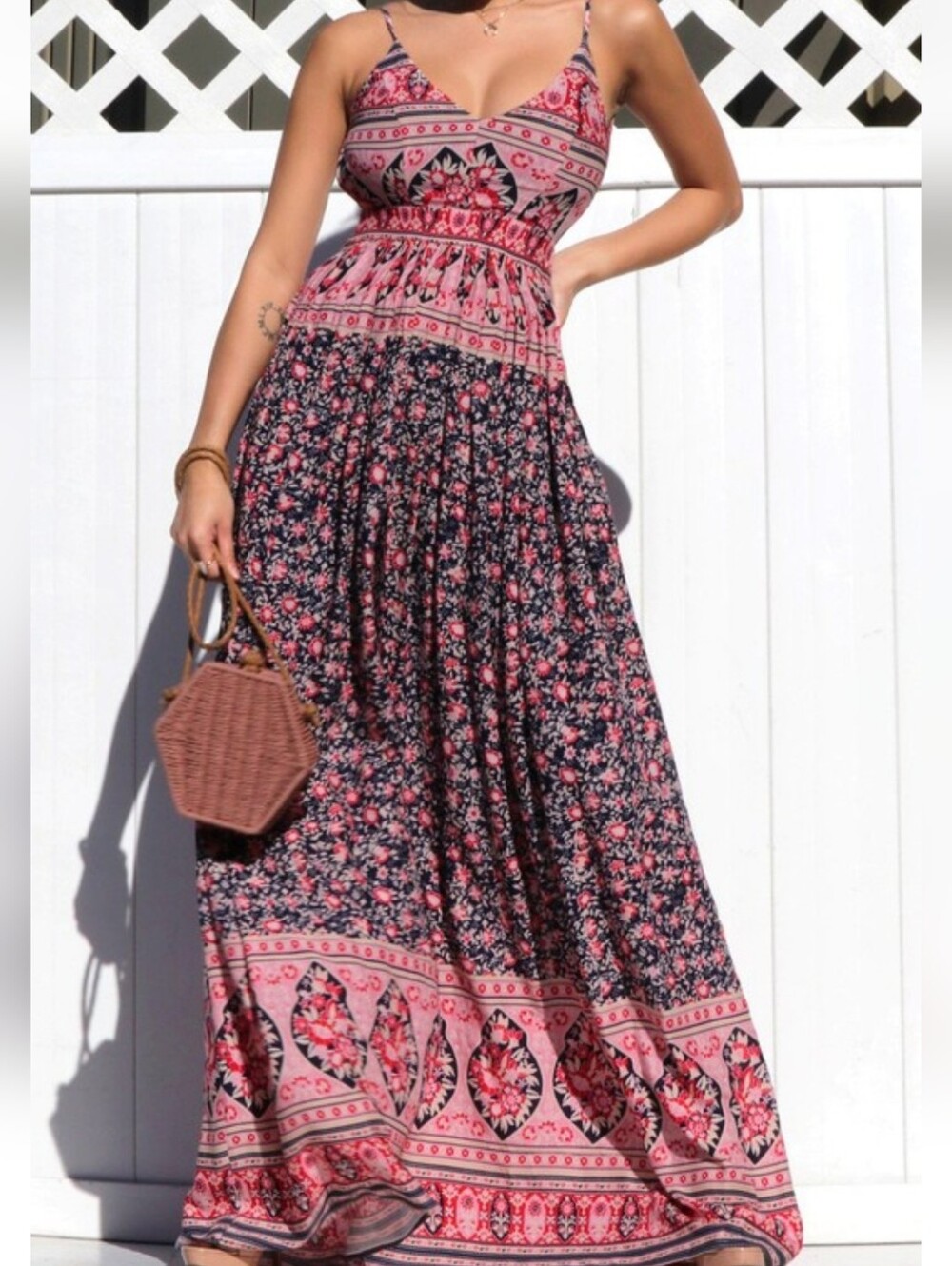 Boho Pink Floral Rayon Maxi Dress Adjustable Spaghetti Straps NWT